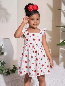 SHEIN LMoss Kids 少女草莓蝴蝶結印花細肩帶洋裝，適合春夏季度假 - 白色 - 查看 6