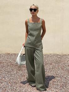 Livesso Square Neck Sleeveless Top Long Pants Women's Denim Set Vacation Sage Green Summer - Green - View 6