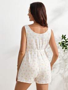 SHEIN Nursing Romper With Wide Strap, Front Half-Opening With Front Buttons, Waist Drawstring Bow Tie, Straight Leg, All Cotton Printed Nursing - Apricot - View 2