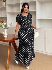 Modelyn Women's Elegant Minimalist Polka Dot Sleeveless Bodycon Plus Size Dress, Suitable For Summer - Black - View 4