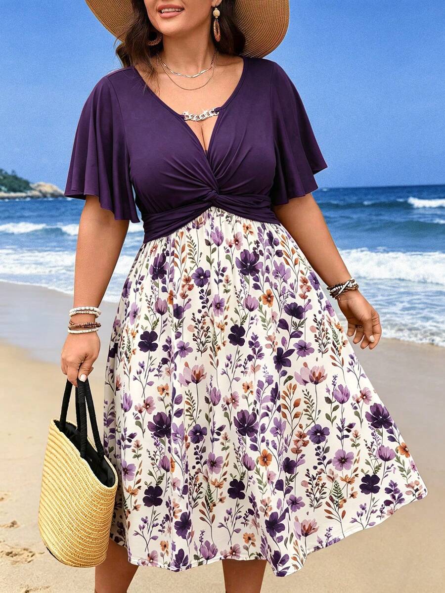 Breezaya Plus Size Women's Spring/Summer Knit Romantic Floral Print Chain Patchwork Ruffle Twist Waist Elegant Modest A-Line V-Neck Midi Dress - Purple - View 1