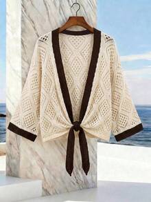 SHEIN Holidaya New Summer Hollow Out Color Block Bow Cardigan Suitable For Vacation, Beach - Apricot - View 8