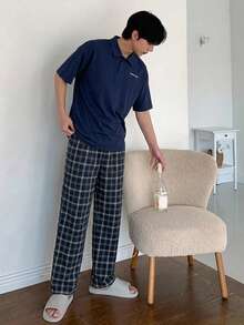 DAZY 男士夏季短袖海軍藍 Polo 衫與海軍藍格紋長褲居家休閒套裝睡衣 - 彩色 - 查看 8