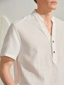 VeloEdit Men's White Solid Short Sleeve Woven Loose Fit Shirt, Pocket, Button, Button Front, Summer, Button Down Shirt, Lightweight, Breathable, Cool, Casual Matching CoupleFall Winter - White - View 7