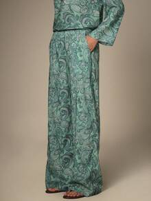 KSTM Paisley Print Long Sleeve Shirt And Wide Leg Palazzo Pants Co-Ord Set Summer Vacation Two Piece Outfit - Green - View 4