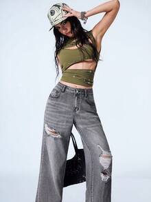 Y2Kool Gray Heavy Water-Washed Cotton Distressed Ripped Y2K Streetwear Grunge Punk Casual Street Style Loose Denim Jeans For Women Autumn Going Out Night Out - Grey - View 1