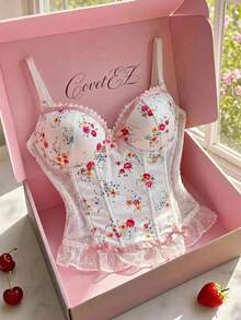 CovetEZ Floral Print Lace Patchwork Underwire Bow Decor Molded Cup Camisole Top - White - View 5