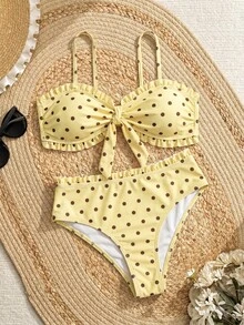 Swim Lushoire 春夏時尚熱銷性感女款波點印花設計度假網紅風海灘比基尼套裝 - 黃色 - 查看 8