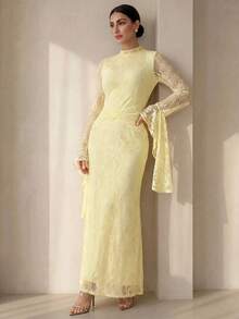 Graceveil Solid Light Yellow Full Lace Bodycon Mermaid Long Dress For Women, Flared Bell Long Sleeves With Drape Cuff Ruched Waist Wedding Guest Formal Gown - Yellow - View 6