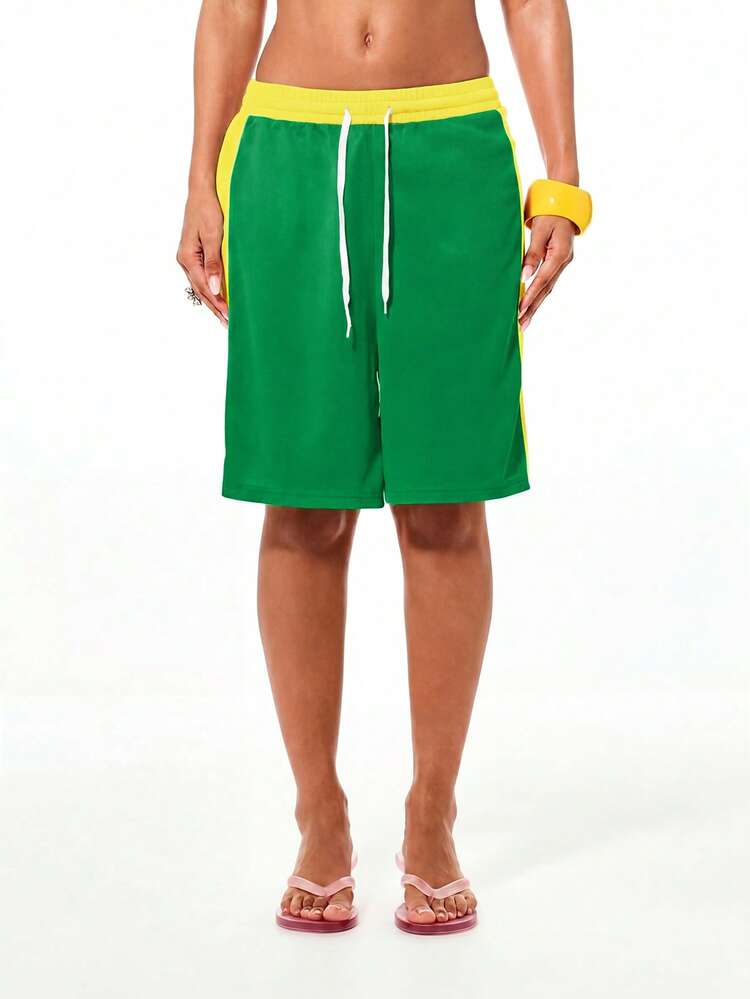 SUMWON WOMEN Contrast Side Panel Relaxed Fit Beach Basketball Inspired Unisex Casual Summer Drawstring Bermuda Shorts