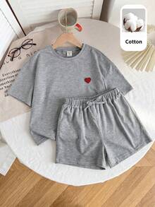SHEIN 青少年女孩針織素色愛心貼布休閒T恤與短褲兩件套 - 灰色 - 查看 5