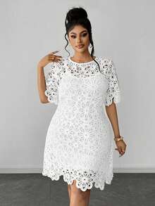 Maweii Plus Size Solid Color Hollow Round Neck Short Sleeve Dress - White - View 3