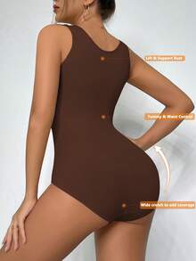 SHAPORA Women's Solid Color Round Neck Buttoned Bodysuit - Coffee Brown - View 2