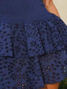 Sandy Gomes Women Beach Vacation Blue Halterneck Fitted Layered Ruffle Mini Dress, Summer Elegant - Navy Blue - View 4