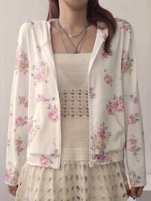 Livesso Veste décontractée à capuche pour femme, coupe ample, imprimé floral intégral, design floral romantique, coupe régulière - Blanc - Voir 4