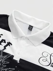 ROMWE MEN Men's Plus Size Striped Letter Print Short Sleeve Casual Polo Shirt - Black and White - View 3