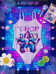 SHEIN 少女紫色 K-Pop 女團印花細肩帶連身泳衣，適合夏季海灘穿著 - 淡紫色 - 查看 5