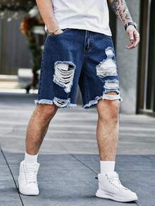 Manfinity Homme 大码男士休闲做旧牛仔短裤，带口袋 - 淺色水洗藍 - 查看 5