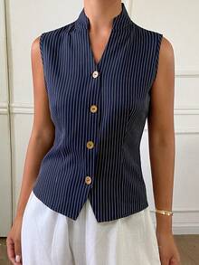 Livesso Chaleco sin mangas de unicolor para mujer, estilo commuter, para verano - Azul Marino - Ver 8