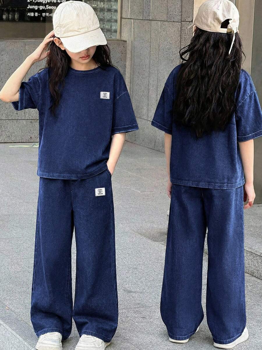 SHEIN Tween Girl Letter Print Short Sleeve Top And Denim Pants Set - Dark Wash - View 1