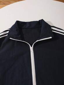 SHEIN Girls' New Autumn/Winter Fashion Striped Long Sleeve Zip-Up Jacket With Camisole And Shorts Set, Casual 3-Piece Outfit, Children's Casual Sports Style 3-Piece Set, Navy Blue With White Trim 4-Stripe Jacket + White Camisole + Matching Shorts Summer Set - Navy Blue - View 3