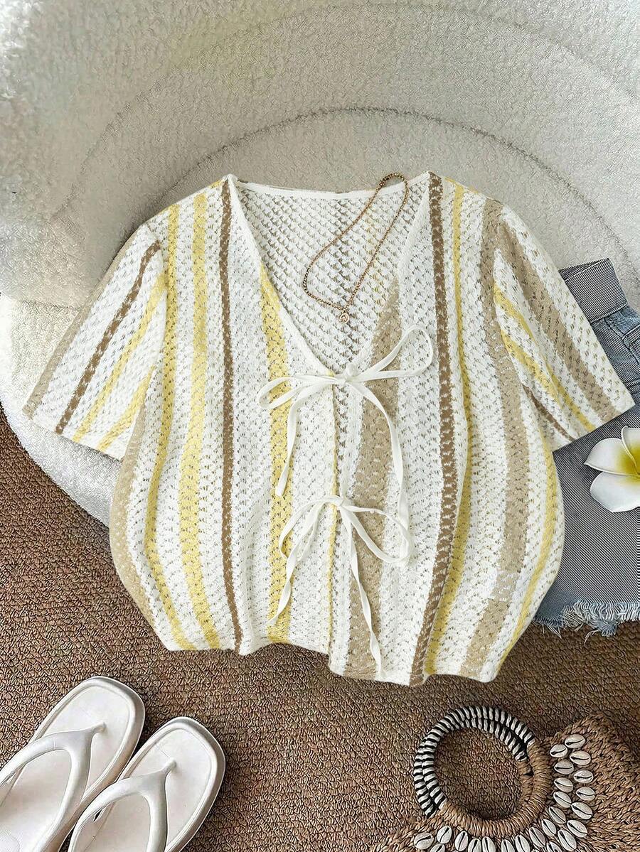 SHEIN LUNE 大尺碼女款夏季休閒條紋前綁帶上衣 - 彩色 - 查看 1