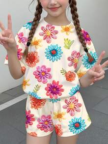 青少年女孩休閒可愛趣味紋理碎花、甜美奶油風、花卉田園風、圓領短袖T恤寬鬆短褲兩件套，適合春夏圖案、舒適、女孩套裝、Y2k、復古、度假 - 彩色 - 查看 2