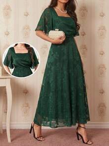 Amorya Women's Square Neck Green Elegant Long Dress With Short Sleeves, Summer Festival Outfits For Women Dress Green Dress - Green - View 2