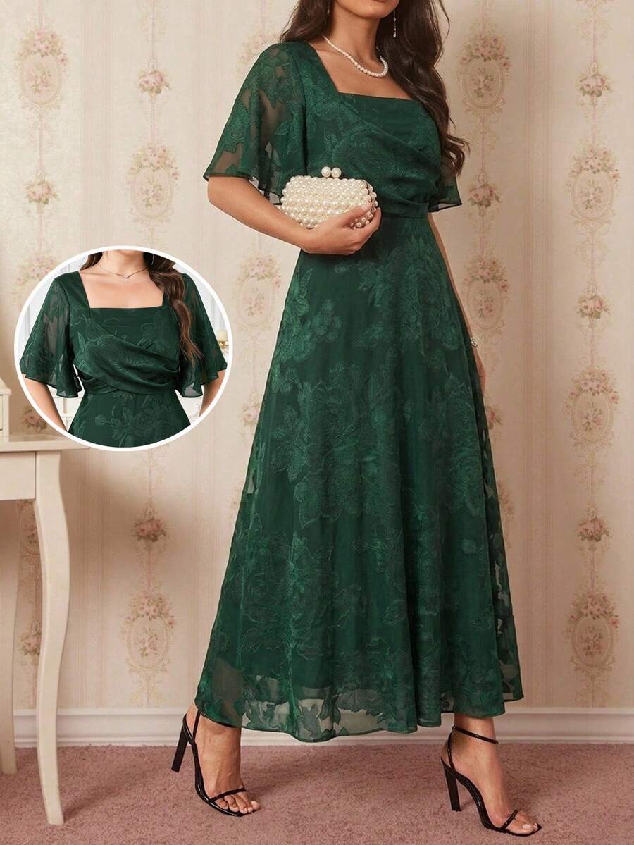 Amorya Women's Square Neck Green Elegant Long Dress With Short Sleeves, Summer Festival Outfits For Women Dress Green Dress
