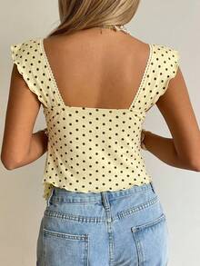 SHEIN EZwear 女款淡黃色波點荷葉邊短袖上衣 - 鵝黃色 - 查看 2