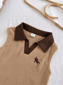 SHEIN Tank Top Kasual Bergaris dengan Kerah Rajut untuk Anak Perempuan - MultiWarna - View 3