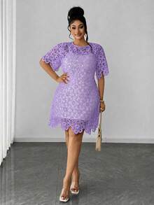 Maweii Plus Size Solid Color Hollow Out Round Neck Short Sleeve Dress - Mauve Purple - View 5