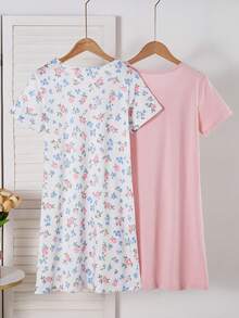 青少年女孩休閒圓領短袖洋裝家居服 - 彩色 - 查看 2