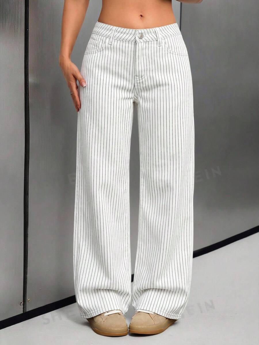 SHEIN ICON 女款條紋時尚口袋鈕扣寬鬆休閒牛仔褲 - 白色 - 查看 1