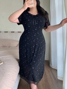 Dazy Plus 大尺碼女款優雅長袖睡裙，蝴蝶結印花、蕾絲拼接、收腰設計，春夏睡衣 - 黑色 - 查看 9