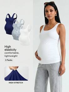 Modmama 3pcs Maternity Summer Casual Vacation & Commute Solid Color & Ditsy Floral Square Neck Fitted Camisole - Multicolor - View 2