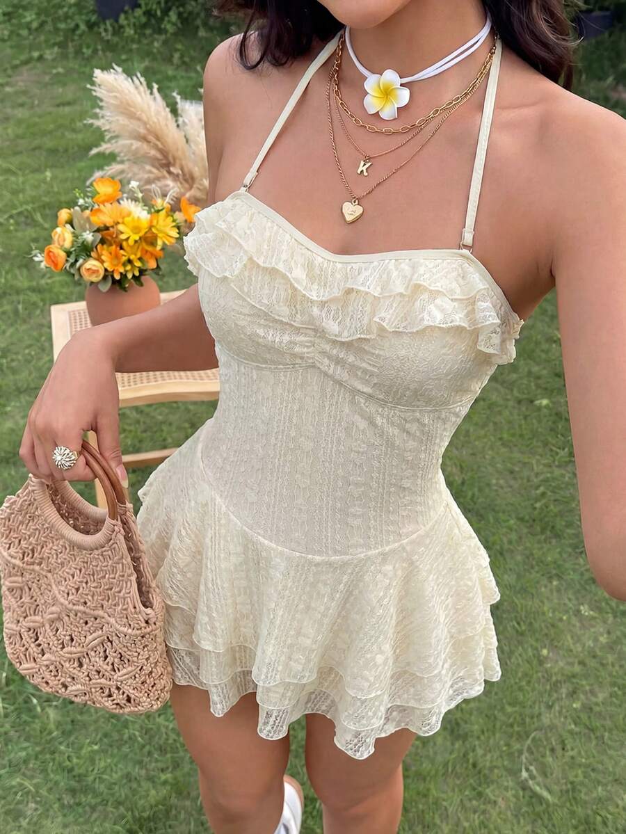 SHEIN Swim Beach Wear Sexy Cute Sequin Elegant Influencer Ruffle Neckline Lace Fabric Three-Layer Hem One-Piece Vacation Swim Dress White Summer - Beige - View 1
