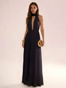 Avenya Vestido con cuello en V y corbata de cuello de gasa plisada 3D - Negro - Ver 3