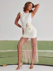 NYA SZN Top Sleeveless Tank Side Tie Detail Off-White Cutout Back Party Brunch Special Occasion Travel Vacation Date Night Elegant Luxury Summer Outfits Women - Apricot - View 1