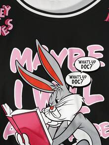 LOONEY TUNES X SHEIN 女士休闲卡通印花短款T恤，夏季 - 白色 - 查看 4