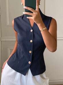 Livesso Chaleco sin mangas de unicolor para mujer, estilo commuter, para verano - Azul Marino - Ver 3