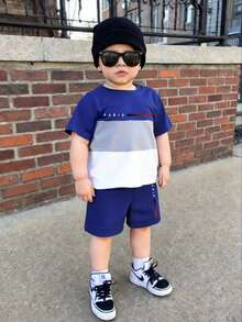 2件套幼儿男童休闲撞色字母印花短袖T恤和短裤套装，舒适百搭，适合春、夏、秋季穿着。幼儿男童夏季套装，幼儿男童夏季服装，男童两件套，幼儿男童短裤套装，男童夏季服装。 - 彩色 - 查看 4