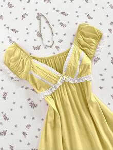 Elamini Vestido corto de mujer con manga raglán, volantes y decoración de moño - amarillo ganso - Ver 4