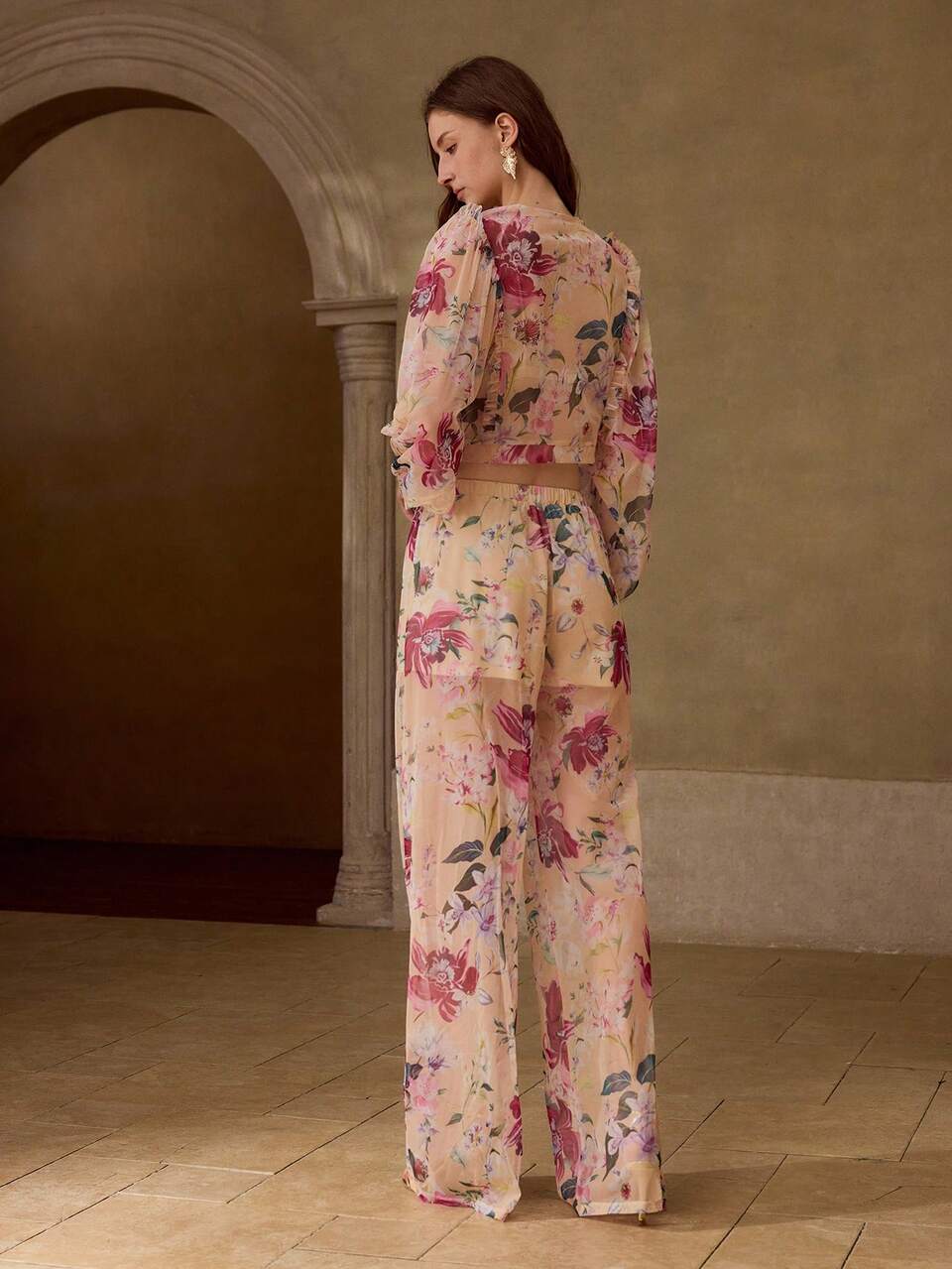 WOMEN'S SHEER FLORAL PRINTED TOP & PANTS 2 PIECES SET FOR SPRING AND SUMMER
