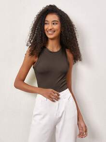 SHEIN BASICS 女款素色圓領螺紋休閒百搭背心上衣 - 灰色 - 查看 4