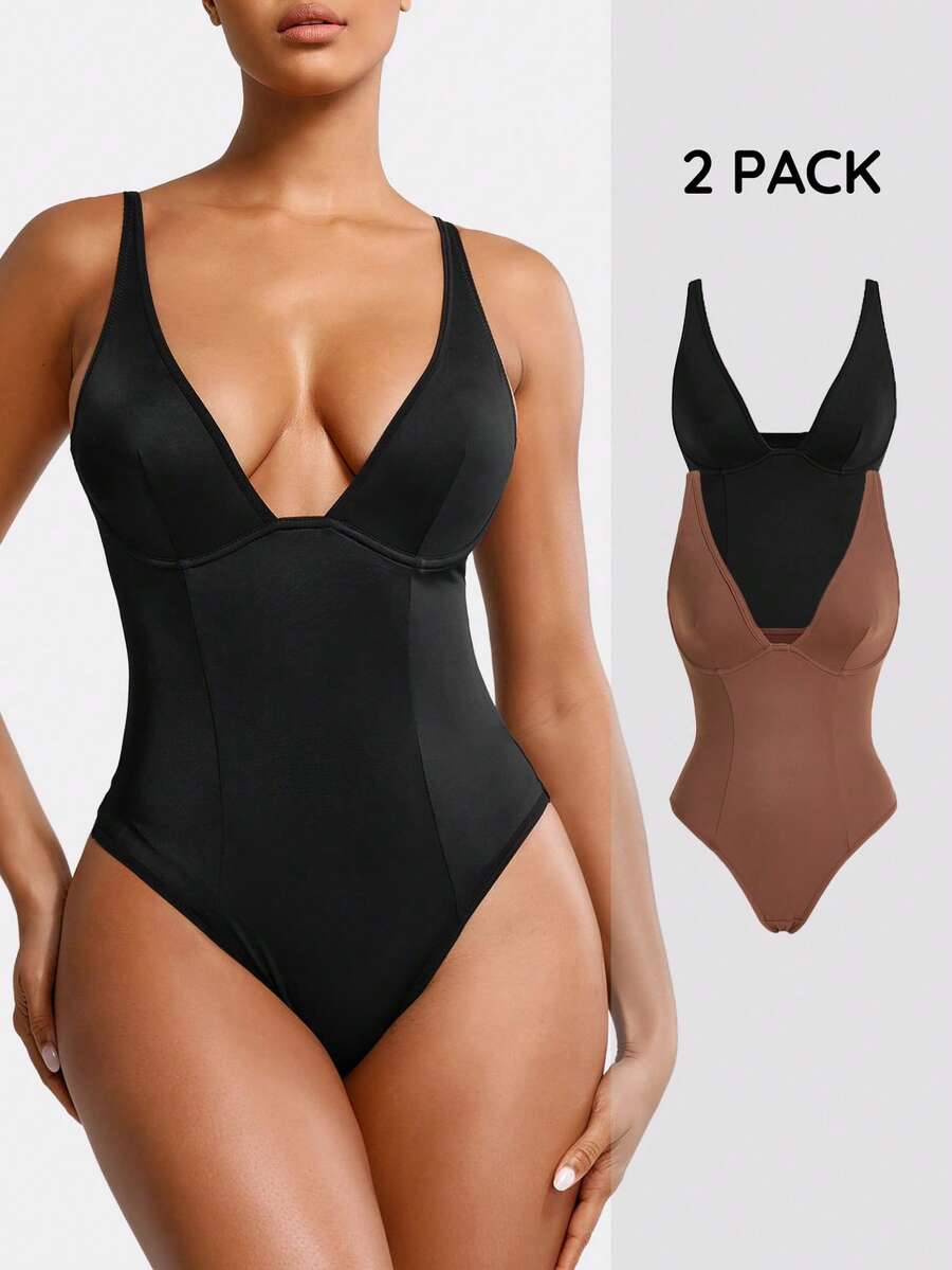 SHEIN 2pcs Women's Deep V-Neck Bodysuit For Shaping - Multicolor - View 1