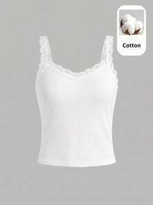 SHEIN Teen Girl Ribbed Knit Patchwork Lace Trim Camisole Tank Top 2pcs Set - Multicolor - View 5