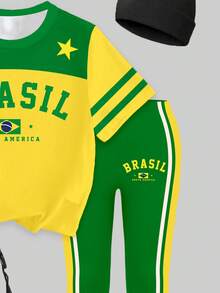 Setelan Kaos Lengan Pendek dan Legging Motif Bintang dan Garis Brasil Warna Kuning Hijau untuk Balita Perempuan, Pakaian Bertema Piala Dunia - MultiWarna - View 7
