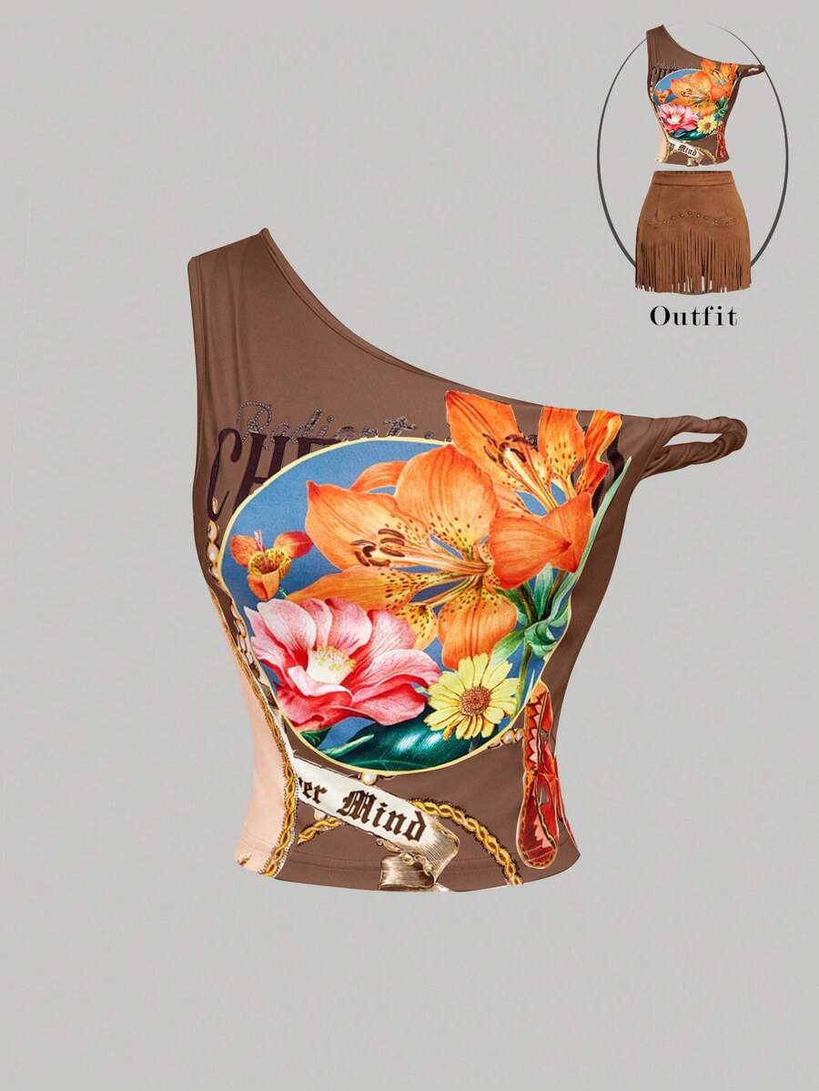 SHEIN MOD 女款不對稱肩設計復古印花短版上衣 - 咖啡棕 - 查看 1