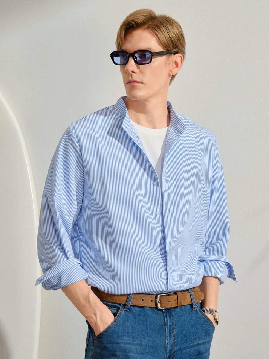 VeloEdit 男士休閒通勤條紋長袖鈕扣襯衫,梭織立領藍色,秋季,老錢風與男友風正式款 - 藍色 - 查看 1